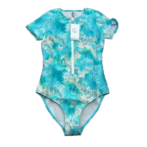Calme Johnny Was Neoprene Swimsuit Front Zip Short Sleeve Tie Dye Blue Small NEW - Picture 1 of 8